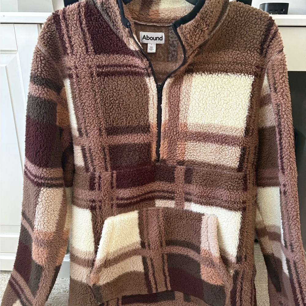 Abound Men's Brown & Cream Plaid Sherpa Half-Zip Pullover